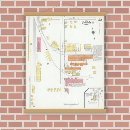 Old map wall art mockup — magnetic wood frame on brick wall — Sanborn Fire Insurance Map from Goldsboro, Wayne County, North Carolina (1918), Sheet #0022
