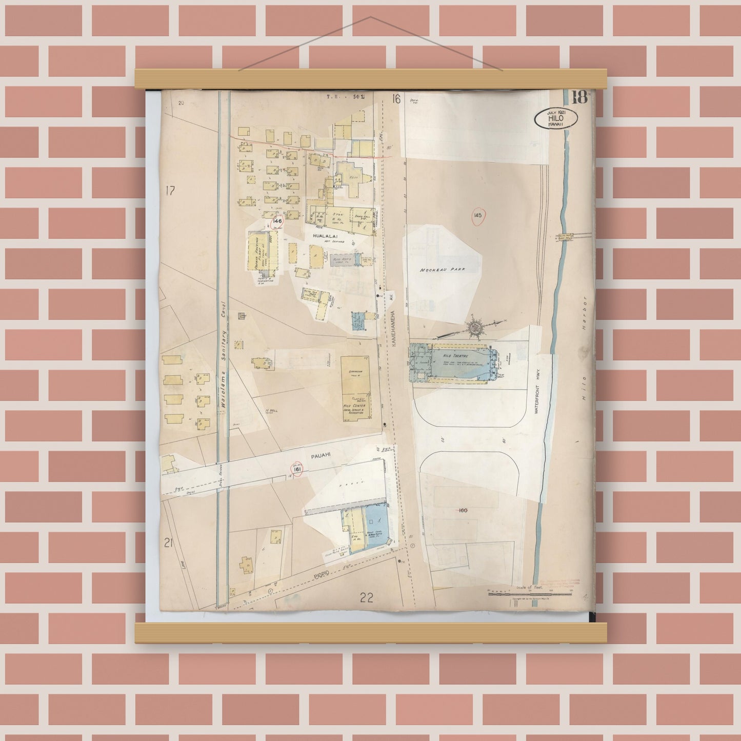 Old map wall art mockup — magnetic wood frame on brick wall — Sanborn Fire Insurance Map from Hilo, Hawaii County, Hawaii (1957), Sheet #0018