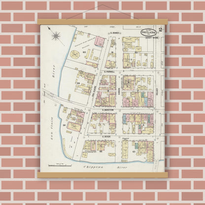 Old map wall art mockup — magnetic wood frame on brick wall — Sanborn Fire Insurance Map from Eau Claire, Eau Claire County, Wisconsin (1889), Sheet #0002