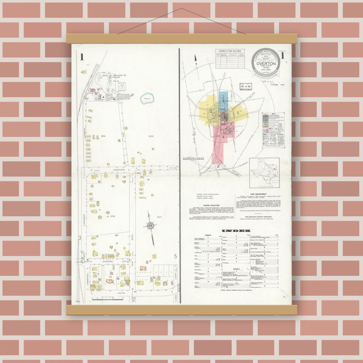 Old map wall art mockup — magnetic wood frame on brick wall — Sanborn Fire Insurance Map from Overton, Rusk County, Texas (1936) - Complete Map Set
