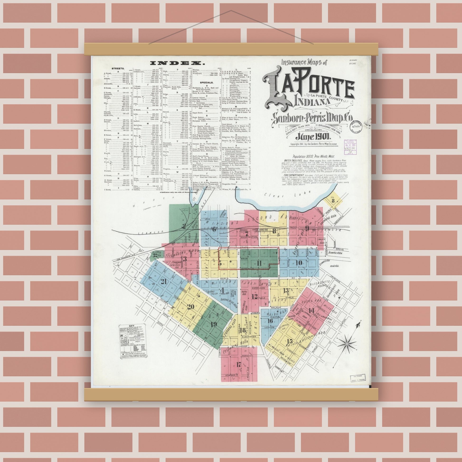 Old map wall art mockup — magnetic wood frame on brick wall — Sanborn Fire Insurance Map from La Porte, La Porte County, Indiana (1901) - Complete Map Set