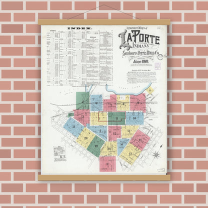 Old map wall art mockup — magnetic wood frame on brick wall — Sanborn Fire Insurance Map from La Porte, La Porte County, Indiana (1901) - Complete Map Set