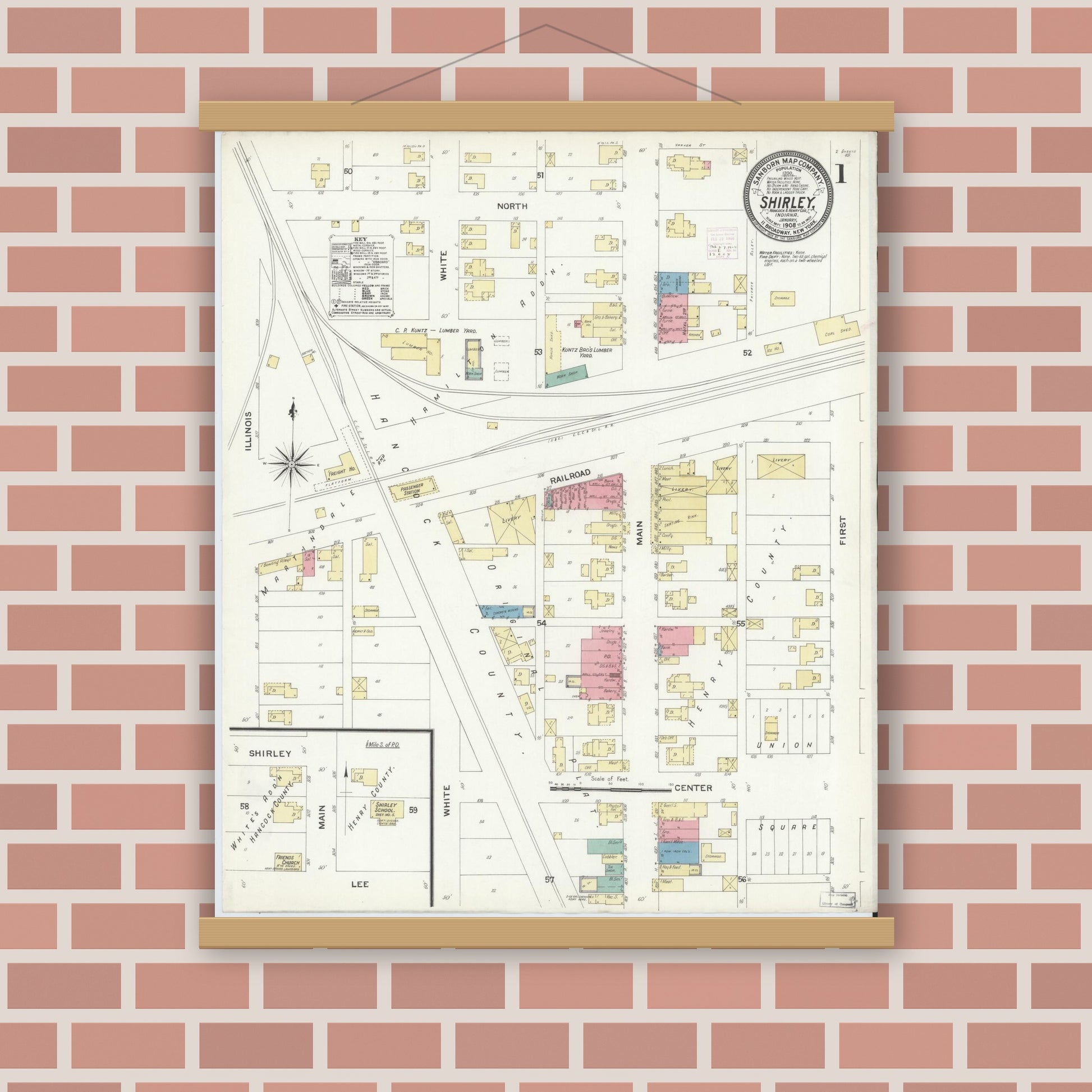 Old map wall art mockup — magnetic wood frame on brick wall — Sanborn Fire Insurance Map from Shirley, Hancock And Henry Counties, Indiana (1908) - Complete Map Set