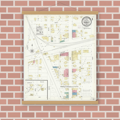 Old map wall art mockup — magnetic wood frame on brick wall — Sanborn Fire Insurance Map from Shirley, Hancock And Henry Counties, Indiana (1908) - Complete Map Set