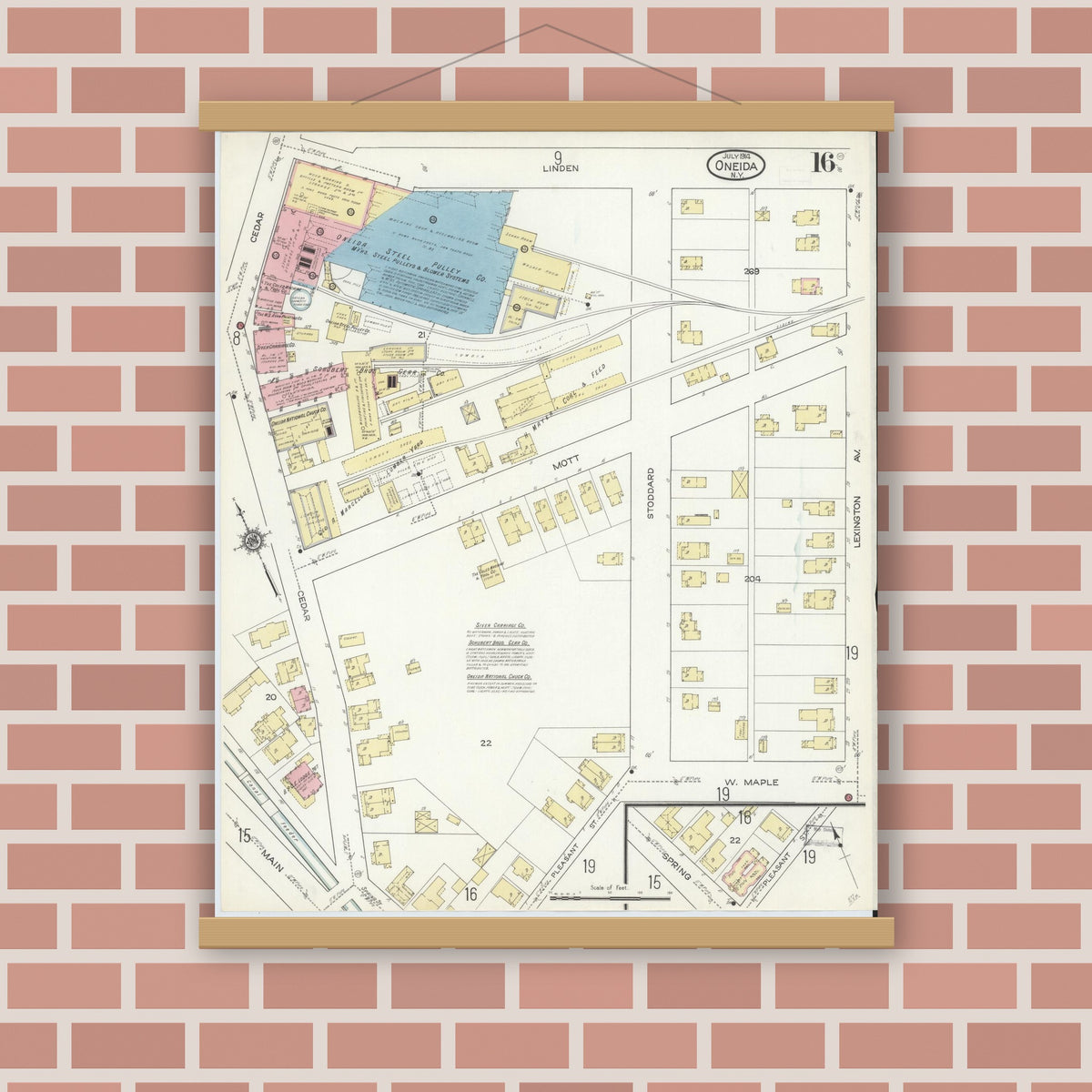Old map wall art mockup — magnetic wood frame on brick wall — Sanborn Fire Insurance Map from Oneida, Madison County, New York (1914), Sheet #0016