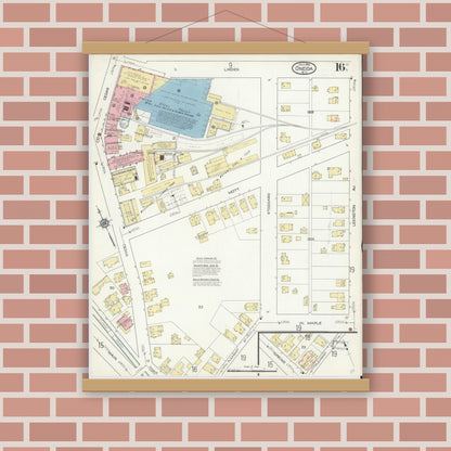 Old map wall art mockup — magnetic wood frame on brick wall — Sanborn Fire Insurance Map from Oneida, Madison County, New York (1914), Sheet #0016