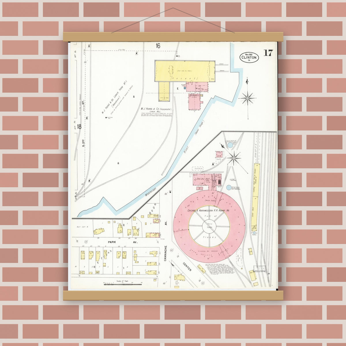 Old map wall art mockup — magnetic wood frame on brick wall — Sanborn Fire Insurance Map from Clinton, Clinton County, Iowa (1902), Sheet #0017