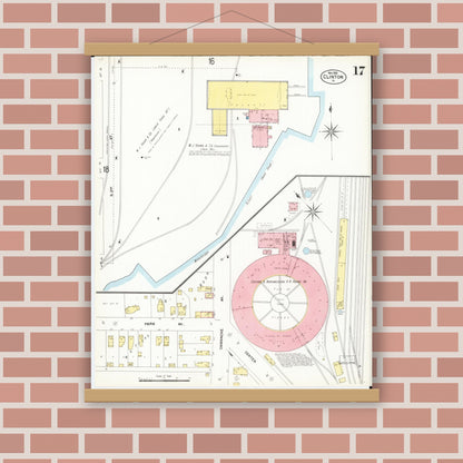 Old map wall art mockup — magnetic wood frame on brick wall — Sanborn Fire Insurance Map from Clinton, Clinton County, Iowa (1902), Sheet #0017