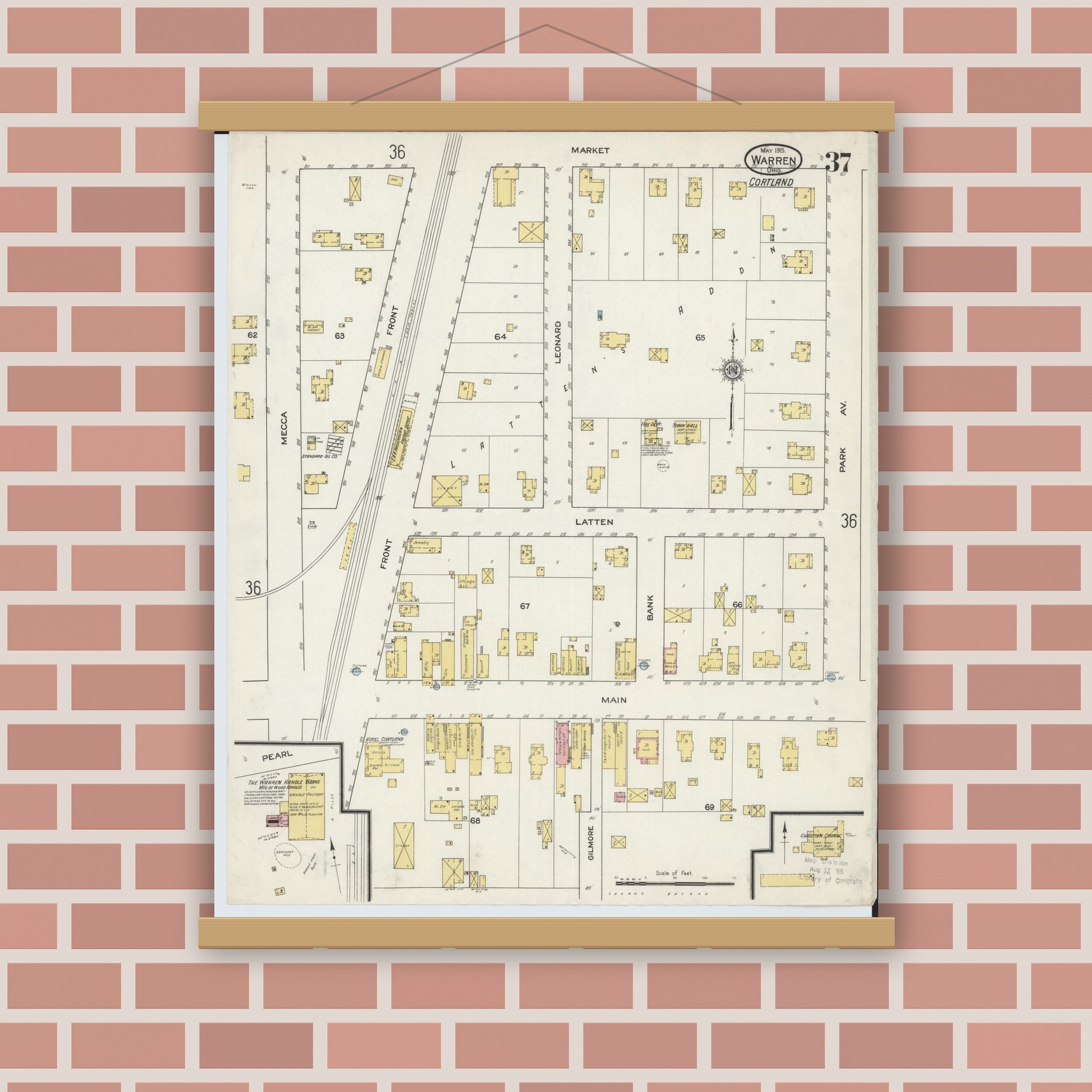Old map wall art mockup — magnetic wood frame on brick wall — Sanborn Fire Insurance Map from Warren, Trumbull County, Ohio (1915), Sheet #0037