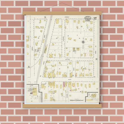 Old map wall art mockup — magnetic wood frame on brick wall — Sanborn Fire Insurance Map from Warren, Trumbull County, Ohio (1915), Sheet #0037