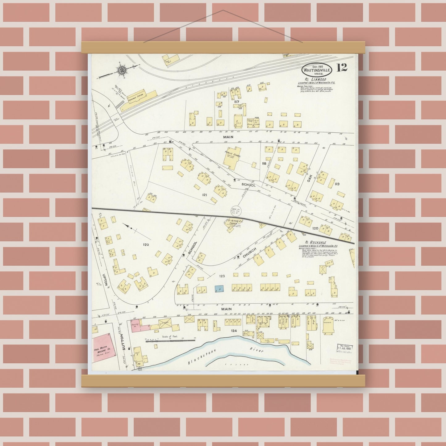 Old map wall art mockup — magnetic wood frame on brick wall — Sanborn Fire Insurance Map from Whitinsville, Worcester County, Massachusetts (1910), Sheet #0012