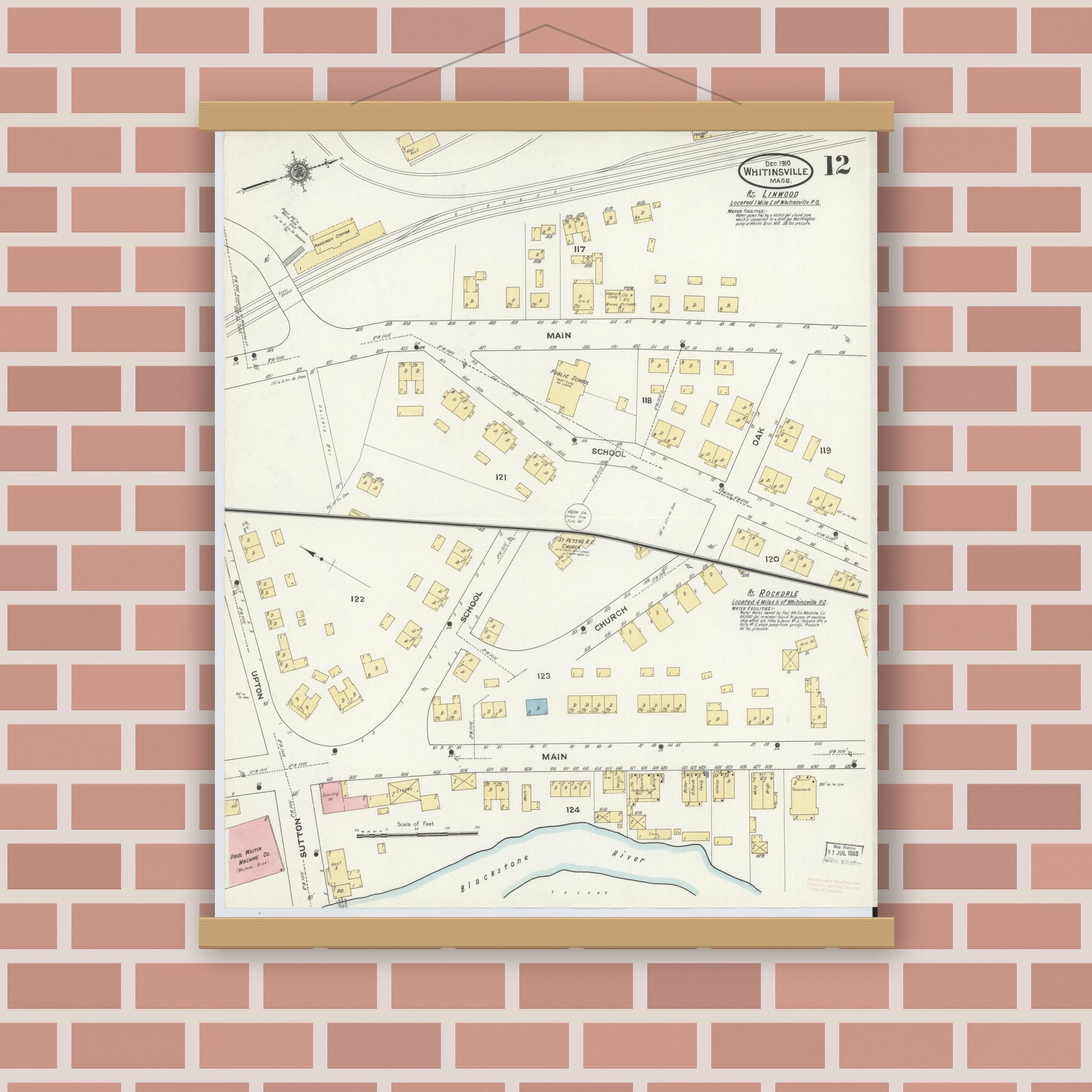 Old map wall art mockup — magnetic wood frame on brick wall — Sanborn Fire Insurance Map from Whitinsville, Worcester County, Massachusetts (1910), Sheet #0012