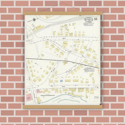 Old map wall art mockup — magnetic wood frame on brick wall — Sanborn Fire Insurance Map from Whitinsville, Worcester County, Massachusetts (1910), Sheet #0012