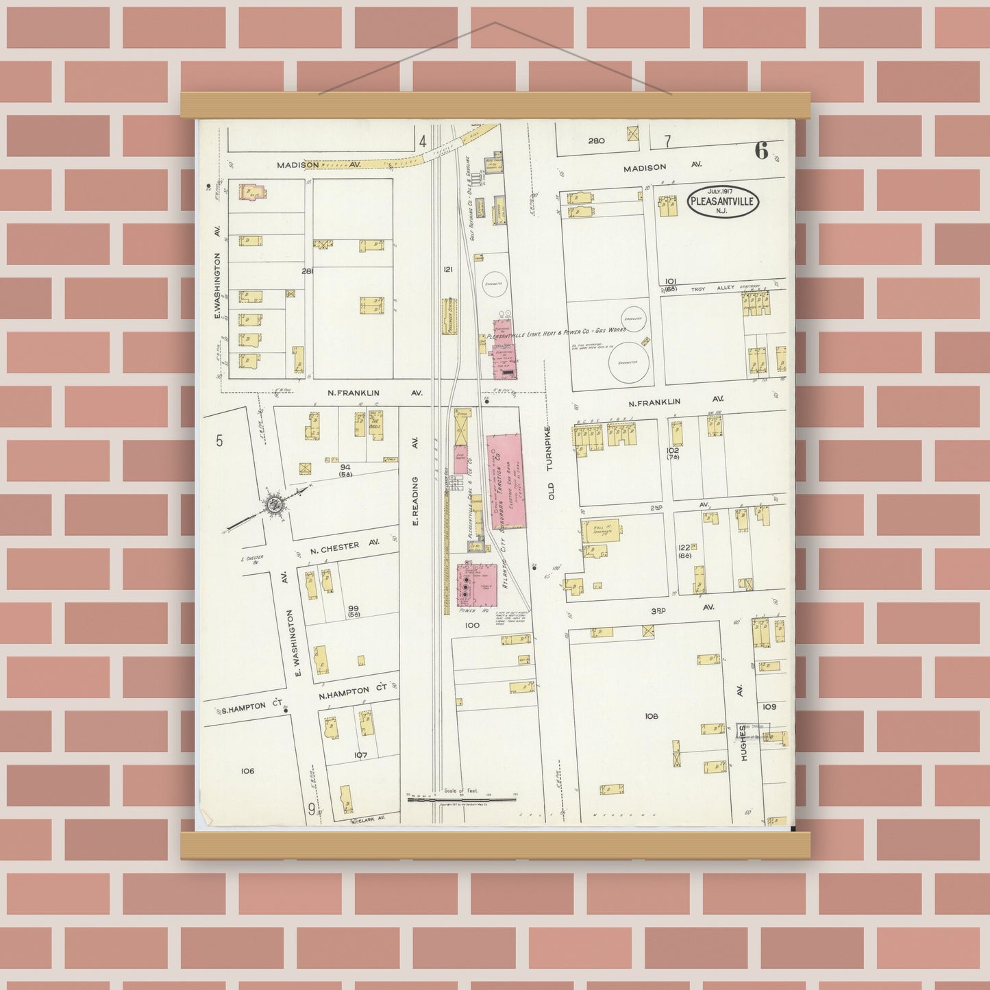 Old map wall art mockup — magnetic wood frame on brick wall — Sanborn Fire Insurance Map from Pleasantville, Atlantic County, New Jersey (1917), Sheet #0006