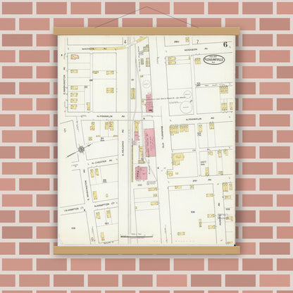 Old map wall art mockup — magnetic wood frame on brick wall — Sanborn Fire Insurance Map from Pleasantville, Atlantic County, New Jersey (1917), Sheet #0006