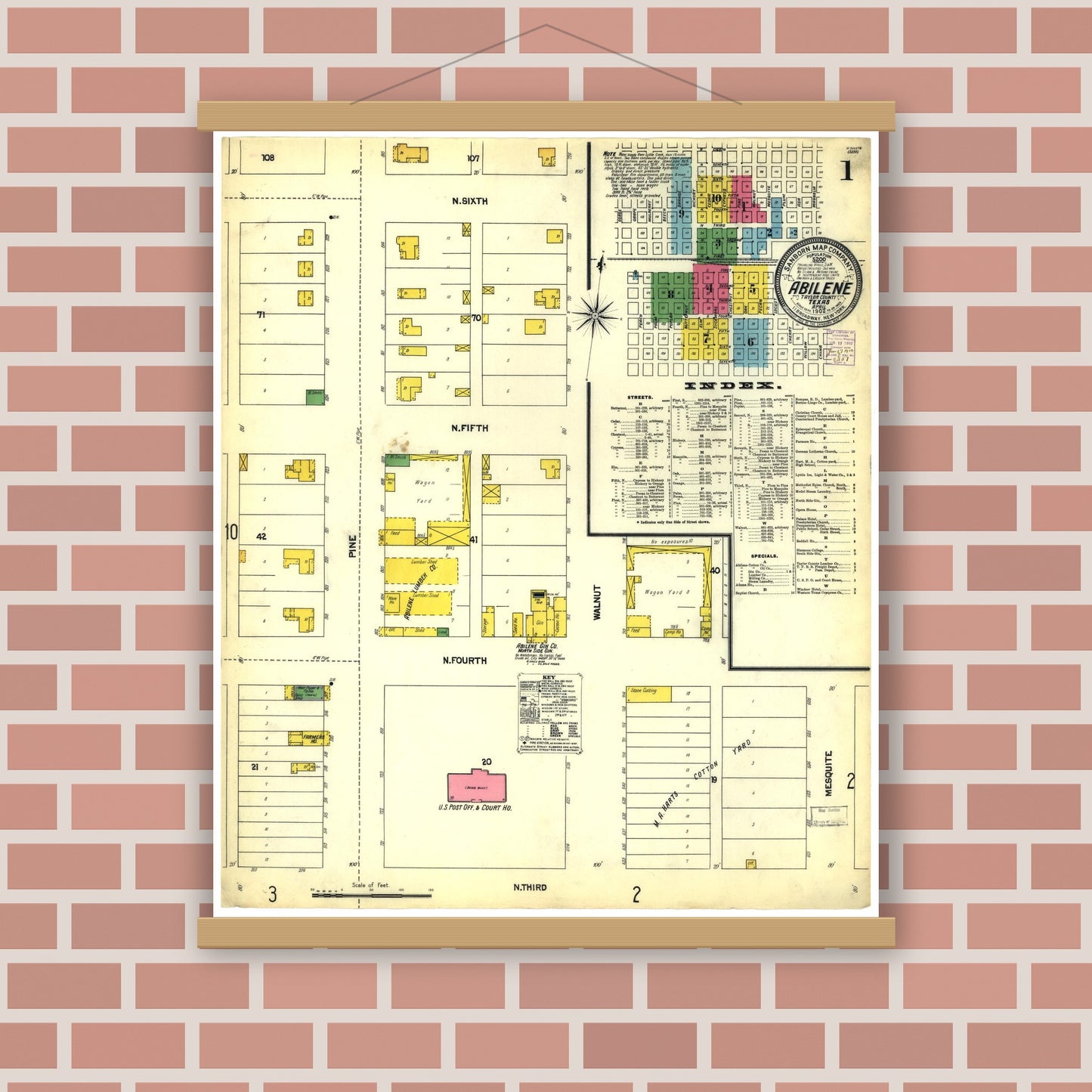 Old map wall art mockup — magnetic wood frame on brick wall — Sanborn Fire Insurance Map from Abilene, Taylor County, Texas (1902), Sheet #0001