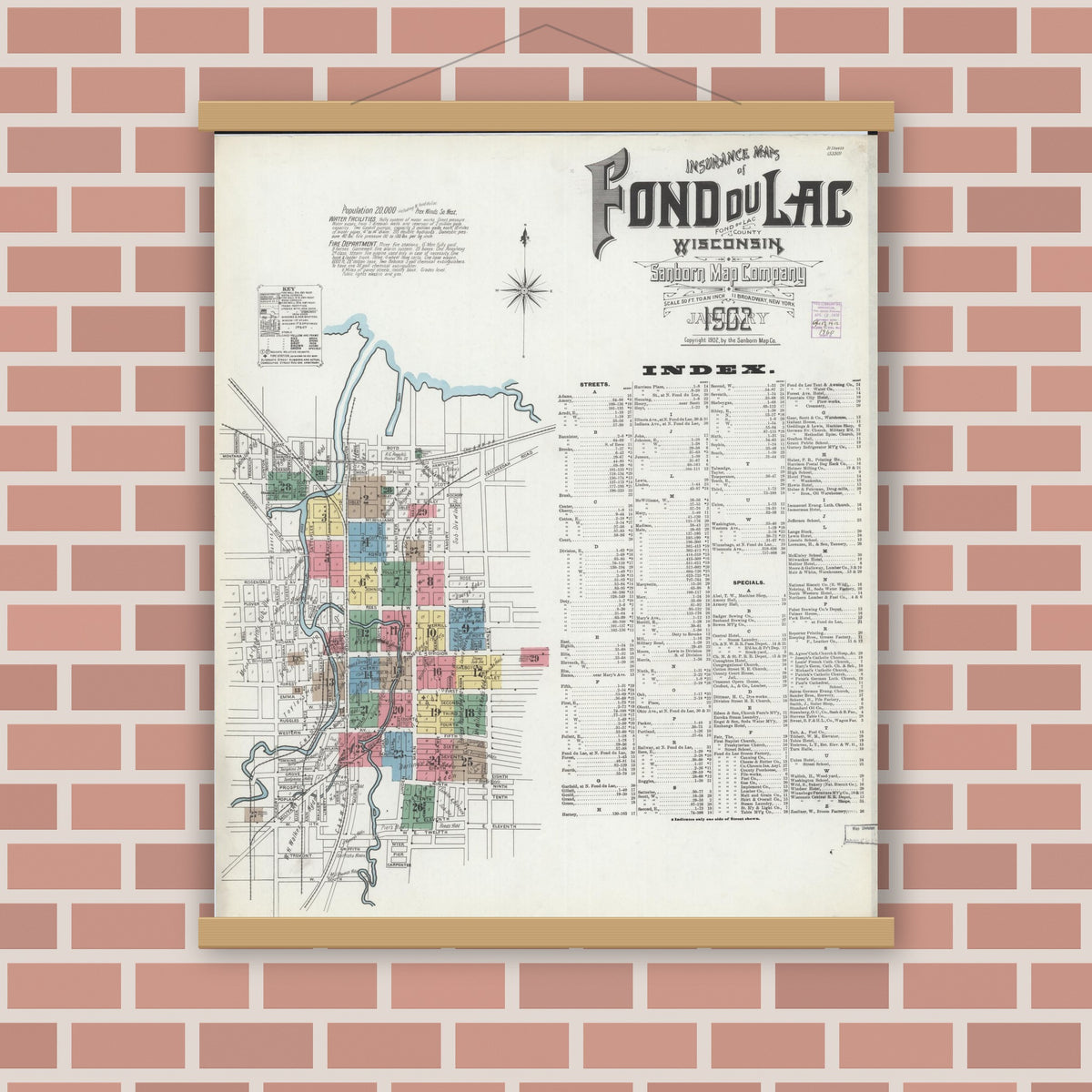 Old map wall art mockup — magnetic wood frame on brick wall — Sanborn Fire Insurance Map from Fond du Lac, Fond du Lac County, Wisconsin (1902), Sheet #0001