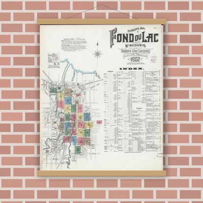 Old map wall art mockup — magnetic wood frame on brick wall — Sanborn Fire Insurance Map from Fond du Lac, Fond du Lac County, Wisconsin (1902), Sheet #0001
