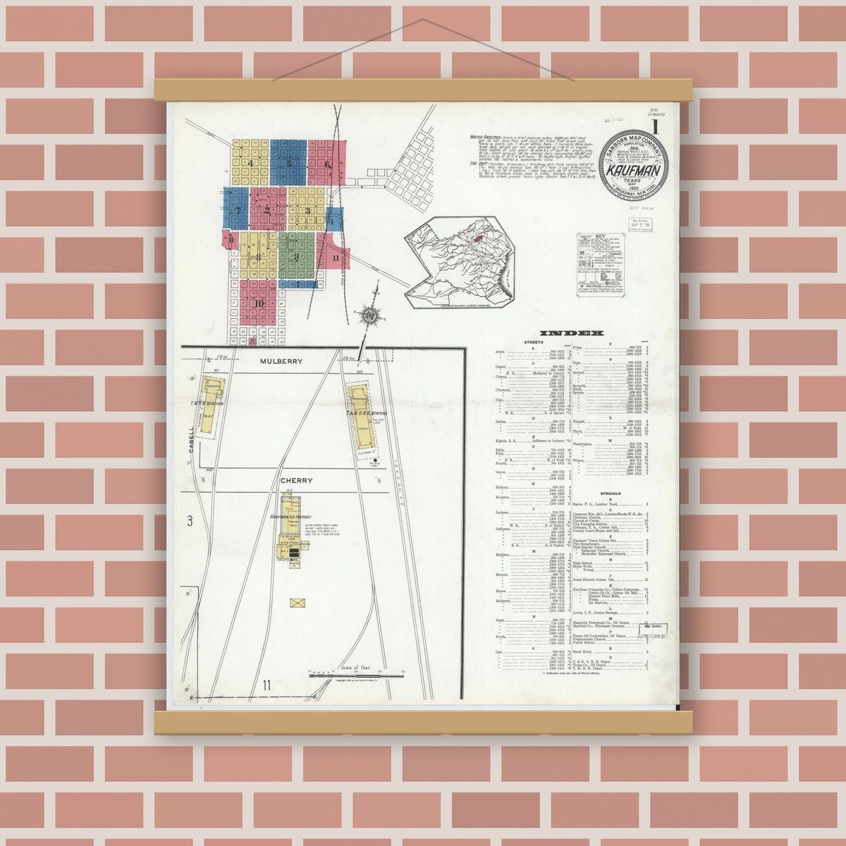 Old map wall art mockup — magnetic wood frame on brick wall — Sanborn Fire Insurance Map from Kaufman, Kaufman County, Texas (1920), Sheet #0001