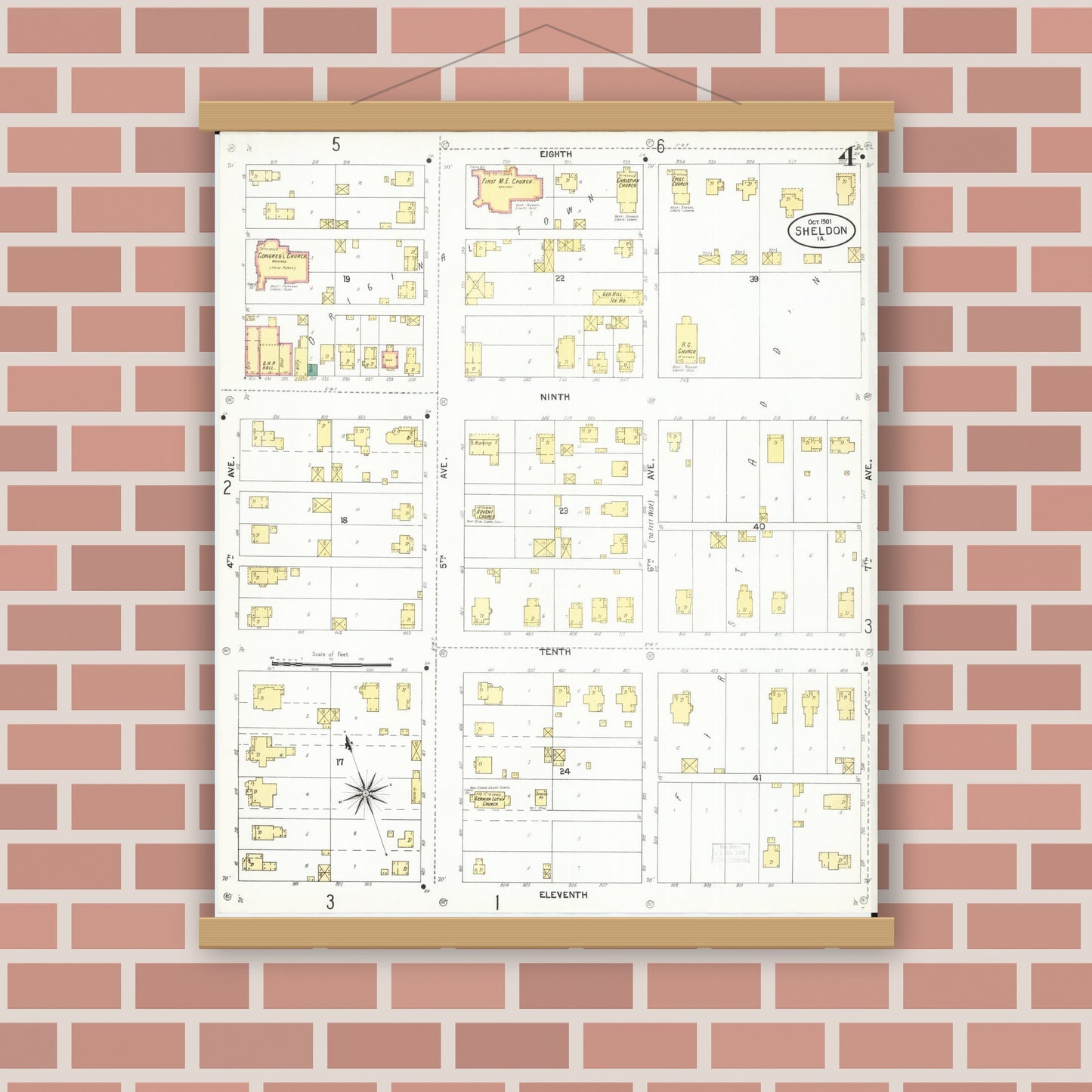 Old map wall art mockup — magnetic wood frame on brick wall — Sanborn Fire Insurance Map from Sheldon, O'Brien County, Iowa (1901), Sheet #0004