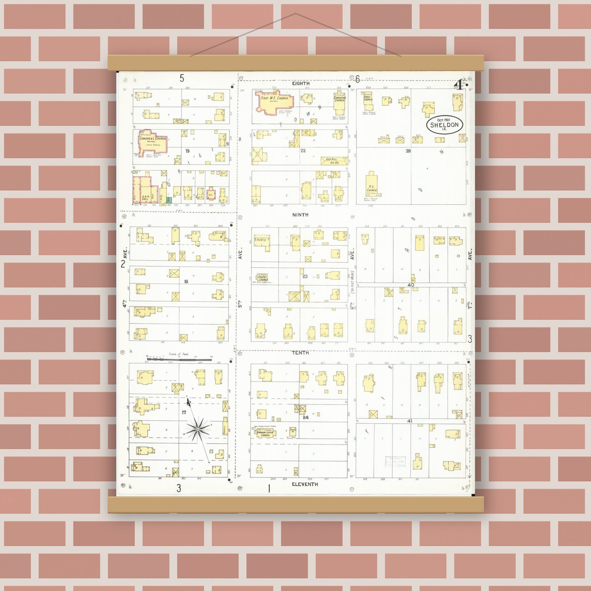 Old map wall art mockup — magnetic wood frame on brick wall — Sanborn Fire Insurance Map from Sheldon, O'Brien County, Iowa (1901), Sheet #0004