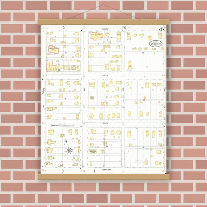 Old map wall art mockup — magnetic wood frame on brick wall — Sanborn Fire Insurance Map from Sheldon, O'Brien County, Iowa (1901), Sheet #0004