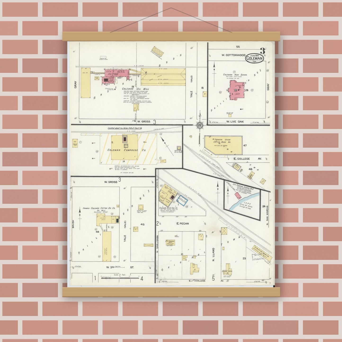 Old map wall art mockup — magnetic wood frame on brick wall — Sanborn Fire Insurance Map from Coleman, Coleman County, Texas (1916), Sheet #0003