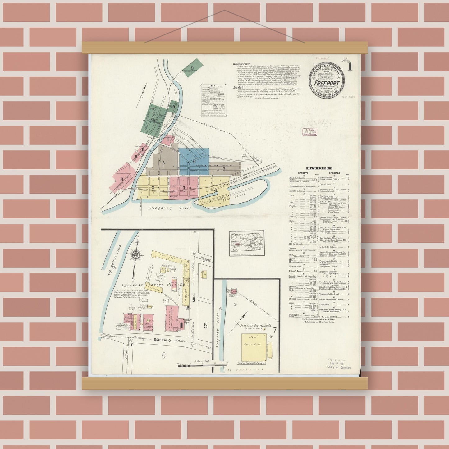 Old map wall art mockup — magnetic wood frame on brick wall — Sanborn Fire Insurance Map from Freeport, Armstrong County, Pennsylvania (1913) - Complete Map Set