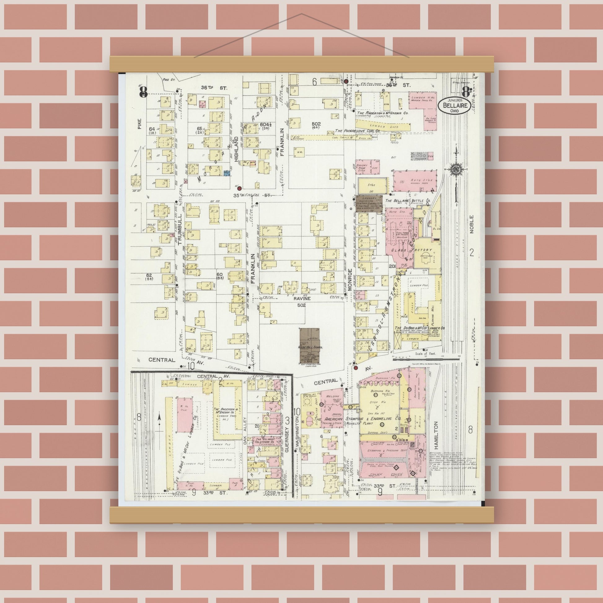 Old map wall art mockup — magnetic wood frame on brick wall — Sanborn Fire Insurance Map from Bellaire, Belmont County, Ohio (1924), Sheet #0008