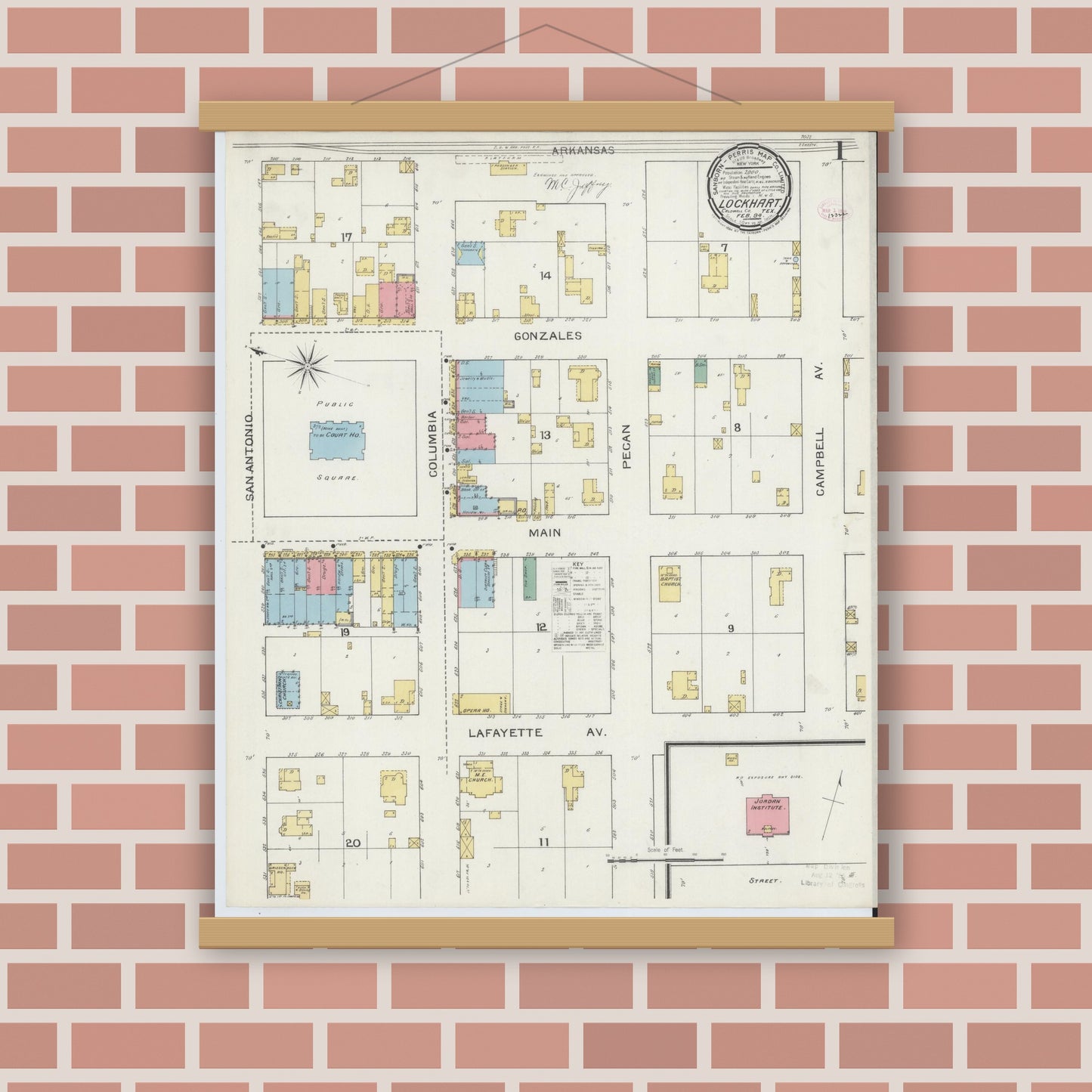 Old map wall art mockup — magnetic wood frame on brick wall — Sanborn Fire Insurance Map from Lockhart, Caldwell County, Texas (1894), Sheet #0001