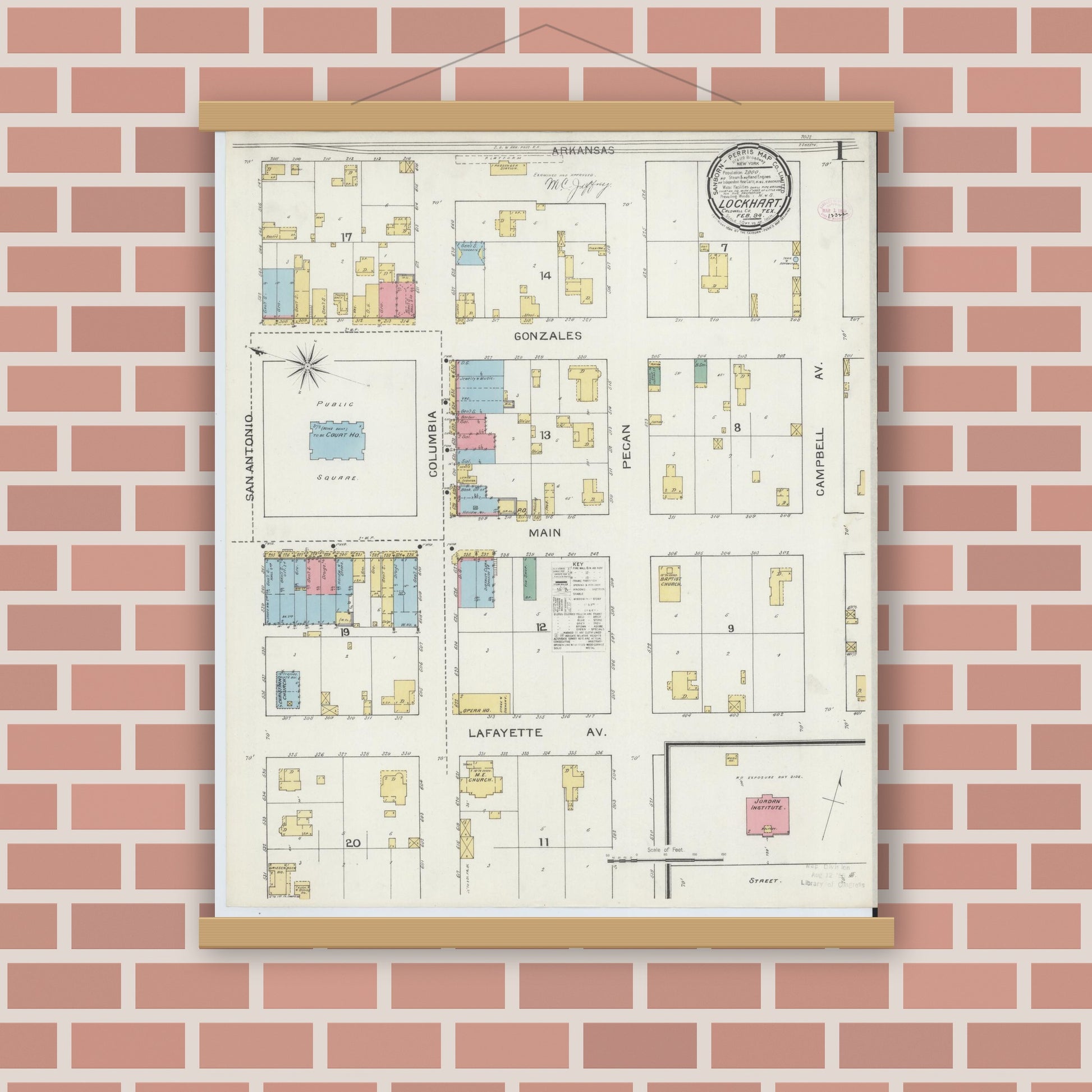 Old map wall art mockup — magnetic wood frame on brick wall — Sanborn Fire Insurance Map from Lockhart, Caldwell County, Texas (1894), Sheet #0001