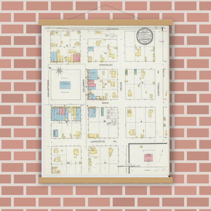 Old map wall art mockup — magnetic wood frame on brick wall — Sanborn Fire Insurance Map from Lockhart, Caldwell County, Texas (1894), Sheet #0001
