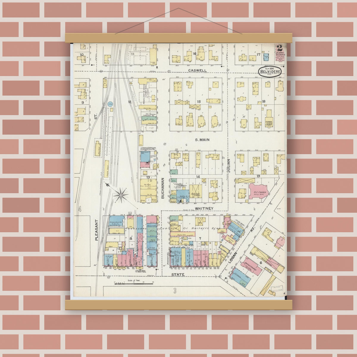Old map wall art mockup — magnetic wood frame on brick wall — Sanborn Fire Insurance Map from Belvidere, Boone County, Illinois (1892), Sheet #0002