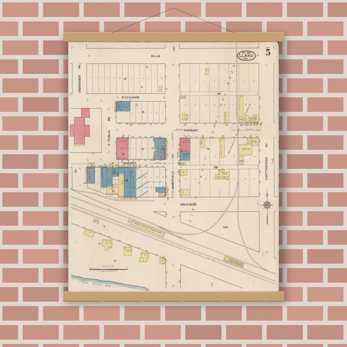 Old map wall art mockup — magnetic wood frame on brick wall — Sanborn Fire Insurance Map from Llano, Llano County, Texas (1921), Sheet #0005