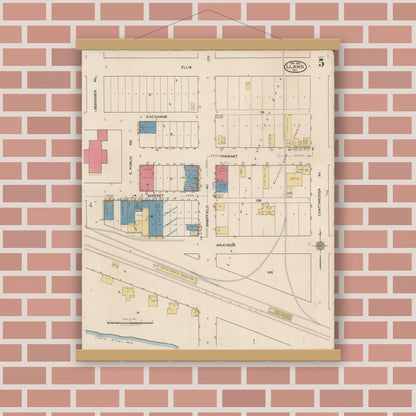 Old map wall art mockup — magnetic wood frame on brick wall — Sanborn Fire Insurance Map from Llano, Llano County, Texas (1921), Sheet #0005