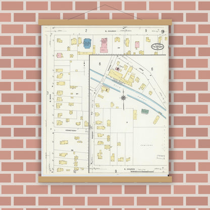 Old map wall art mockup — magnetic wood frame on brick wall — Sanborn Fire Insurance Map from Fairport, Monroe County, New York (1909), Sheet #0009