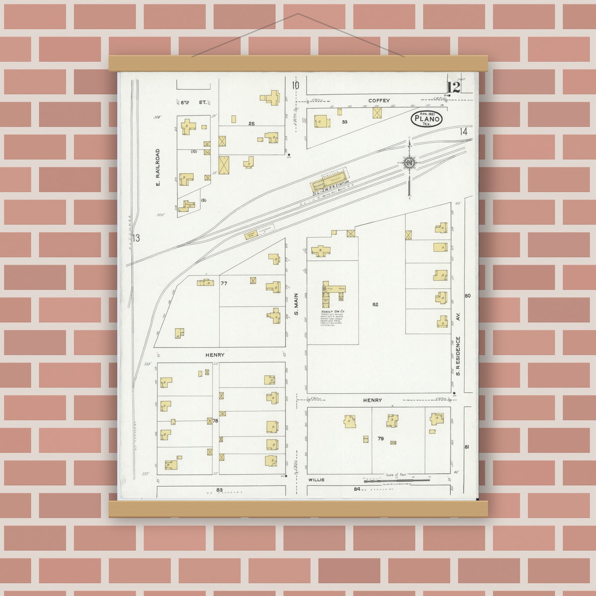 Old map wall art mockup — magnetic wood frame on brick wall — Sanborn Fire Insurance Map from Plano, Collin County, Texas (1921), Sheet #0012