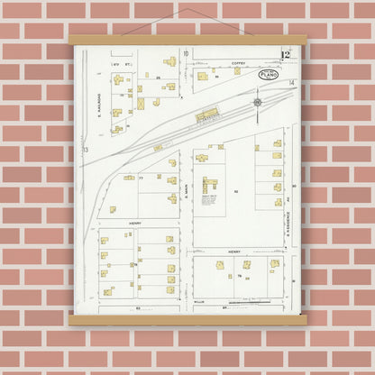 Old map wall art mockup — magnetic wood frame on brick wall — Sanborn Fire Insurance Map from Plano, Collin County, Texas (1921), Sheet #0012