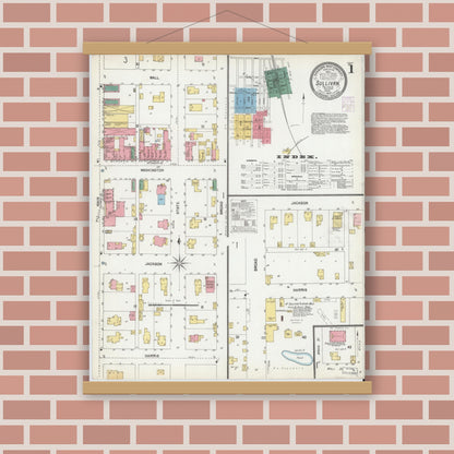 Old map wall art mockup — magnetic wood frame on brick wall — Sanborn Fire Insurance Map from Sullivan, Sullivan County, Indiana (1902), Sheet #0001