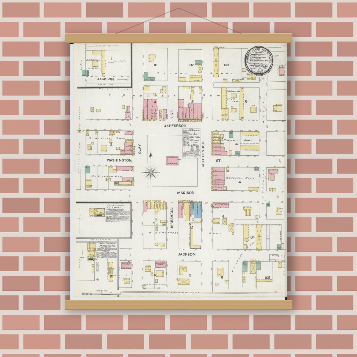Old map wall art mockup — magnetic wood frame on brick wall — Sanborn Fire Insurance Map from Marshfield, Webster County, Missouri (1892), Sheet #0001