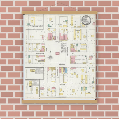 Old map wall art mockup — magnetic wood frame on brick wall — Sanborn Fire Insurance Map from Marshfield, Webster County, Missouri (1892), Sheet #0001