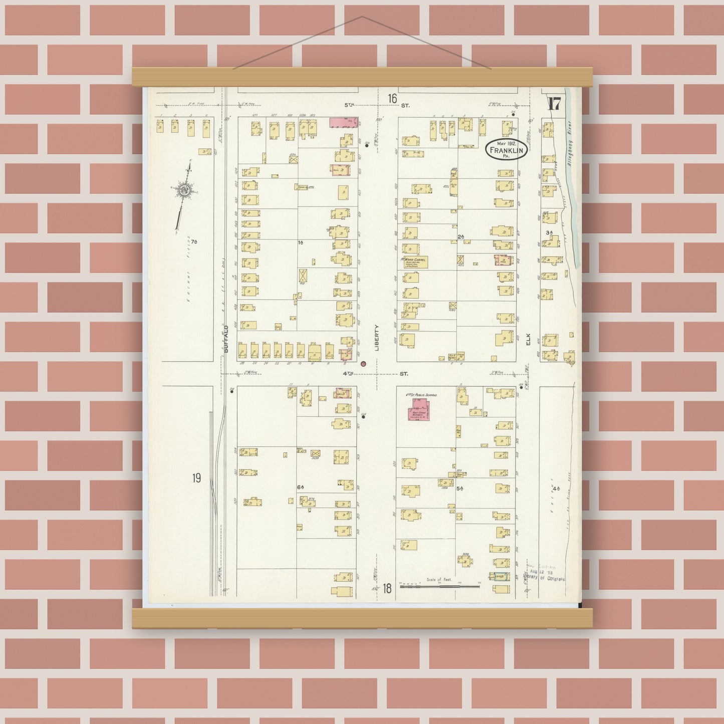 Old map wall art mockup — magnetic wood frame on brick wall — Sanborn Fire Insurance Map from Franklin, Venango County, Pennsylvania (1912), Sheet #0017