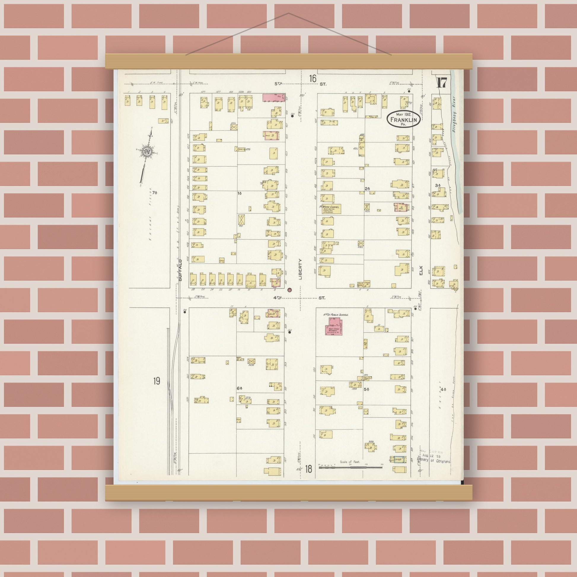 Old map wall art mockup — magnetic wood frame on brick wall — Sanborn Fire Insurance Map from Franklin, Venango County, Pennsylvania (1912), Sheet #0017