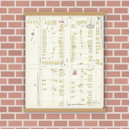 Old map wall art mockup — magnetic wood frame on brick wall — Sanborn Fire Insurance Map from Franklin, Venango County, Pennsylvania (1912), Sheet #0017