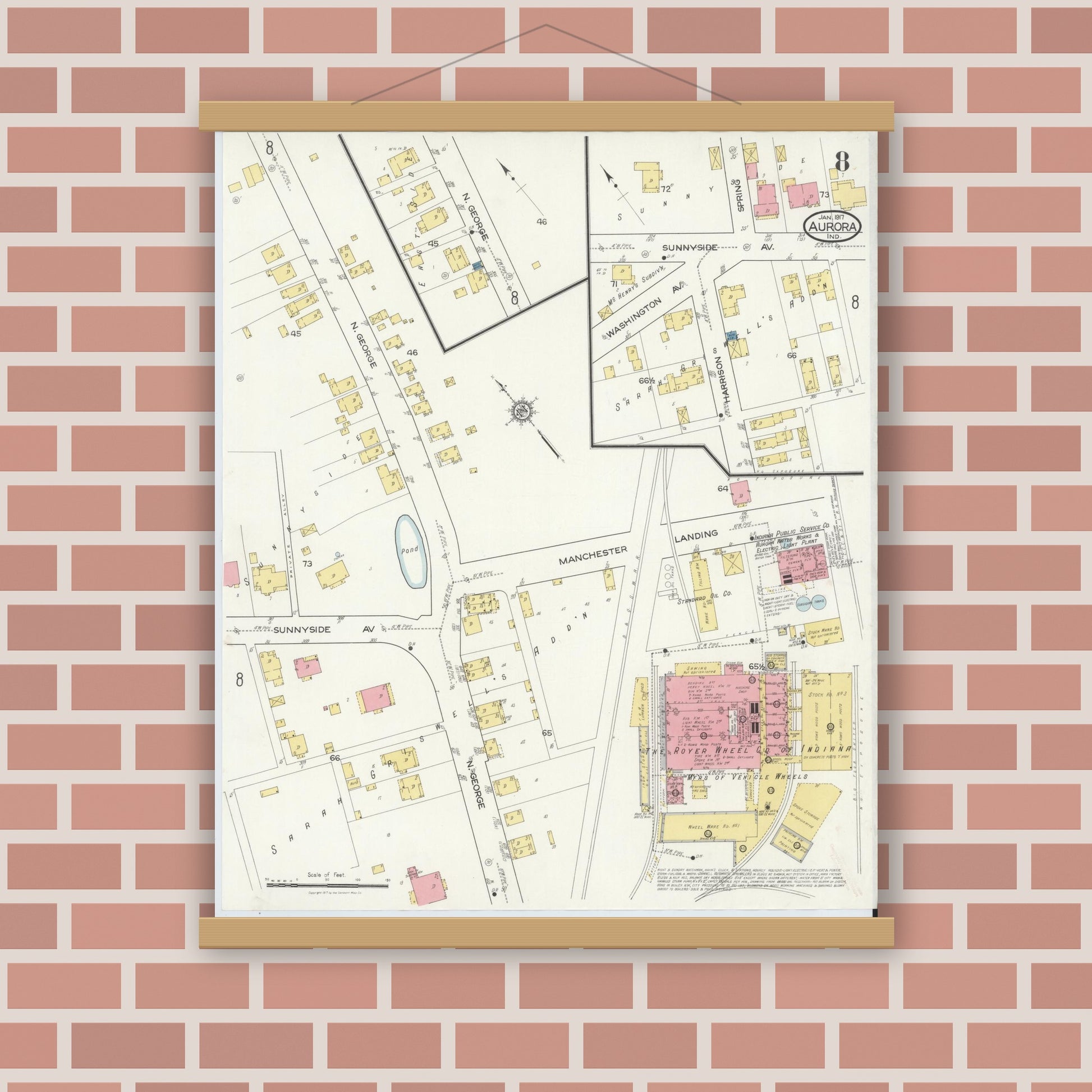 Old map wall art mockup — magnetic wood frame on brick wall — Sanborn Fire Insurance Map from Aurora, Dearborn County, Indiana (1917), Sheet #0008