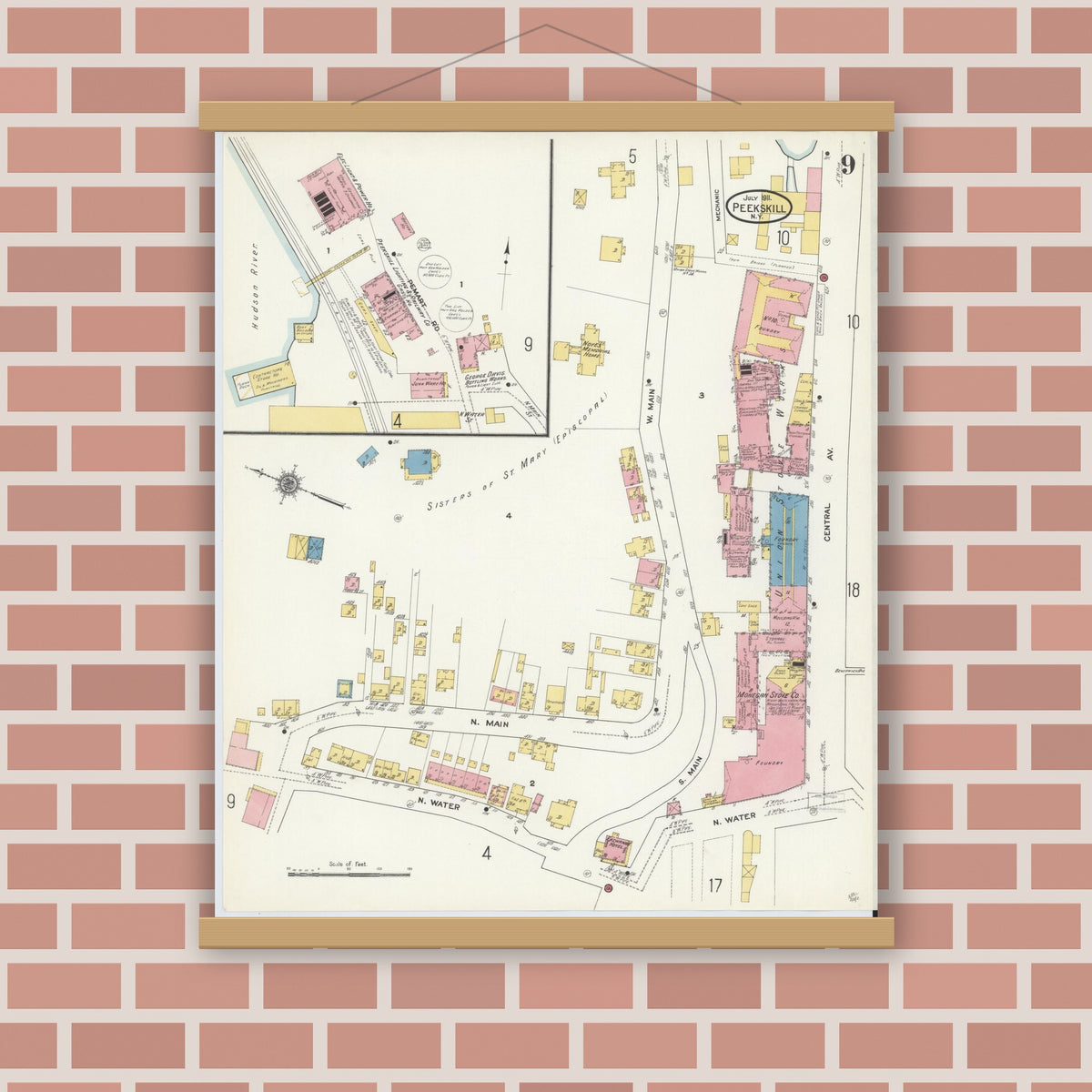 Old map wall art mockup — magnetic wood frame on brick wall — Sanborn Fire Insurance Map from Peekskill, Westchester County, New York (1911), Sheet #0009