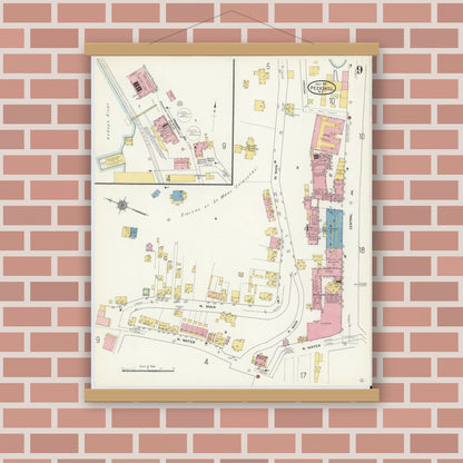 Old map wall art mockup — magnetic wood frame on brick wall — Sanborn Fire Insurance Map from Peekskill, Westchester County, New York (1911), Sheet #0009