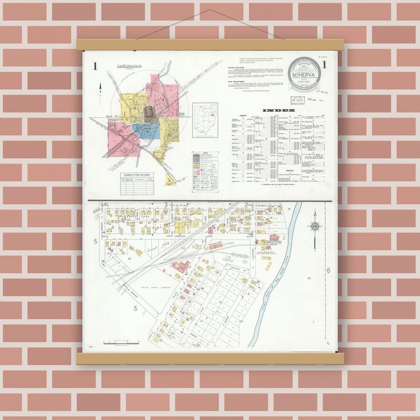 Old map wall art mockup — magnetic wood frame on brick wall — Sanborn Fire Insurance Map from Minerva, Stark And Carroll Counties, Ohio (1933) - Complete Map Set