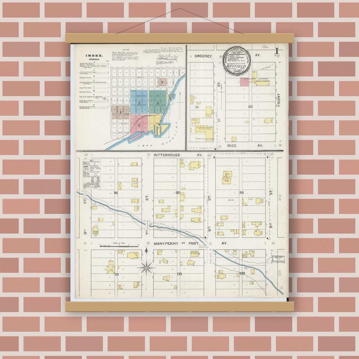Old map wall art mockup — magnetic wood frame on brick wall — Sanborn Fire Insurance Map from Bayfield, Bayfield County, Wisconsin (1892), Sheet #0001