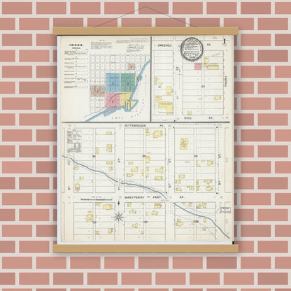 Old map wall art mockup — magnetic wood frame on brick wall — Sanborn Fire Insurance Map from Bayfield, Bayfield County, Wisconsin (1892), Sheet #0001